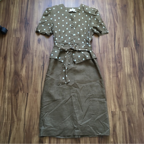 Vintage olive green polka dot belt secretary dress M Flawed - Picture 4 of 10